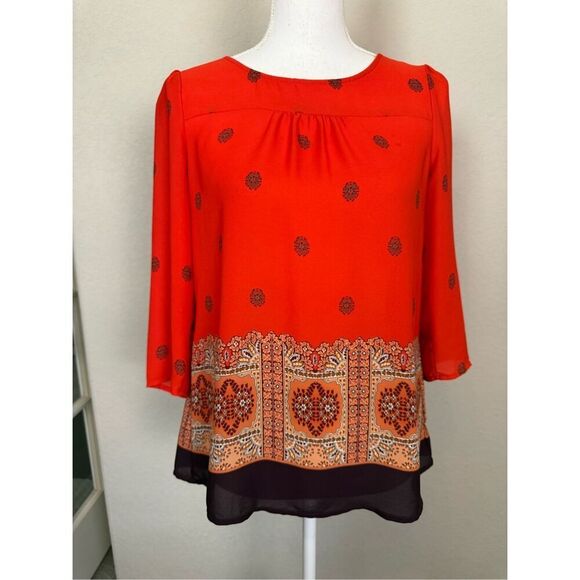 Maeve Silky Red  Navy Printed Blouse 4 - Picture 1 of 8